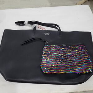Victoria Secret black tote bag with silver lettering With Sequin Clutch Bag NWT